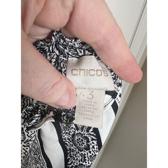 Chicos Sz 3 XL Bohemian Peasant Oversized Top Drawstring Ruffle Neck Black White - Picture 7 of 8